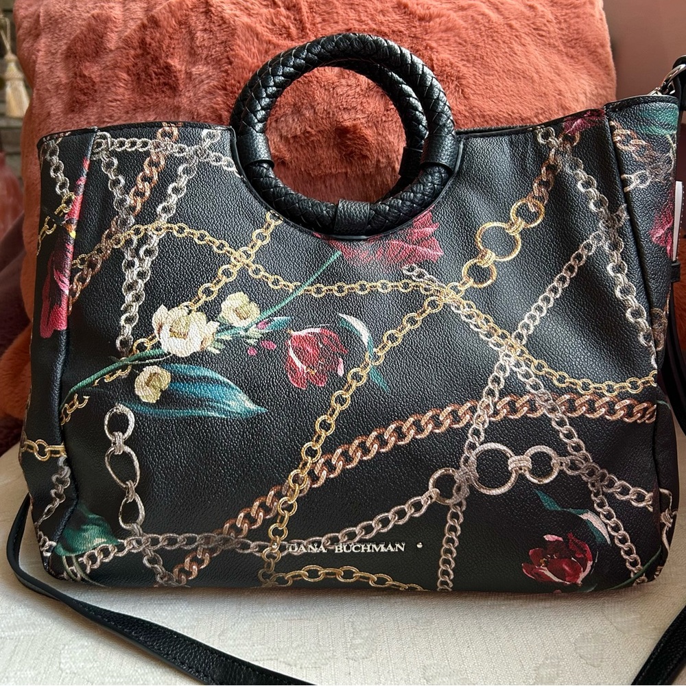 Dana Buchman, black floral vegan satchel crossbody bag - Picture 8 of 15